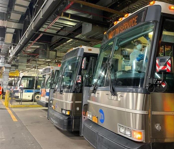 row of transit buses, employee with face mask by driver's seat 