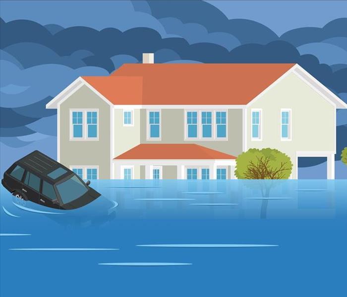 cartoon of a house flooded and a car